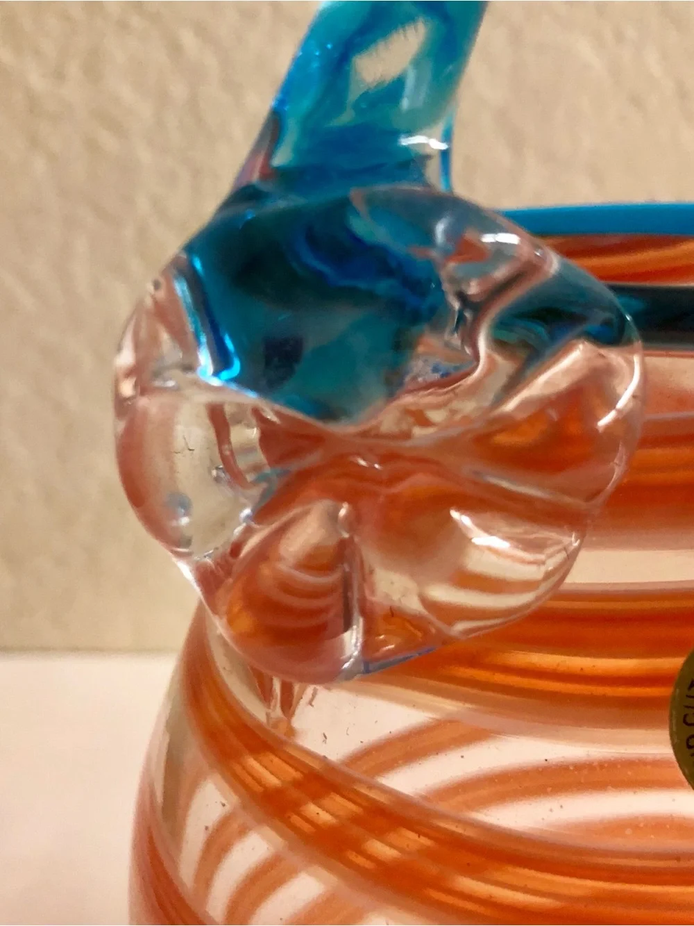 Handblown Glass Purse Vase with Orange Swirl and Blue Handle